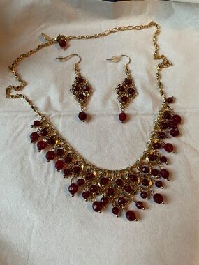 Lia Sophia Gold-Tone Necklace and Dangle Earrings with Deep Red Beads